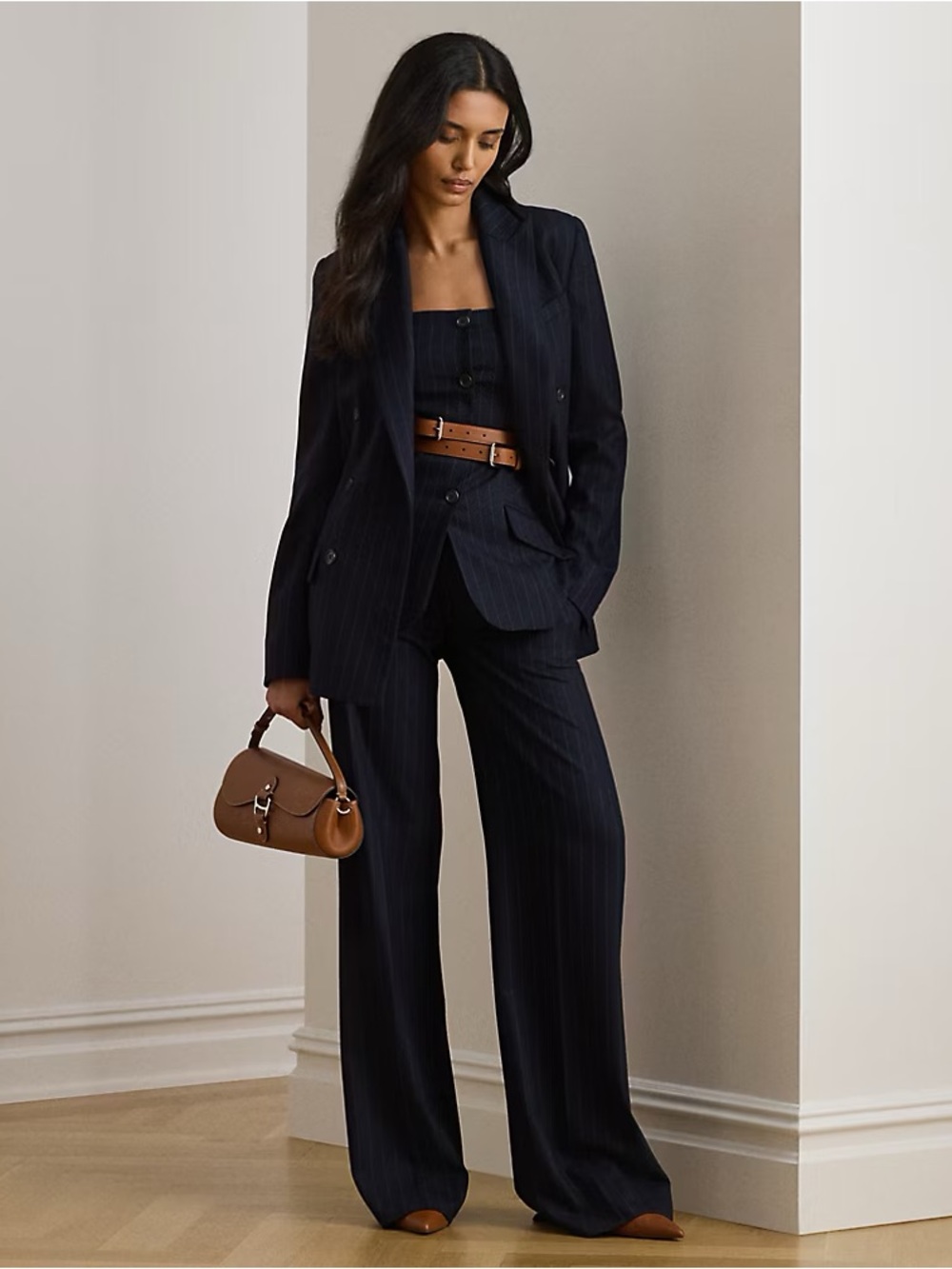Ralph Lauren Women's Navy Pinstripe Wide-Leg Trousers - Classic Tailored Style